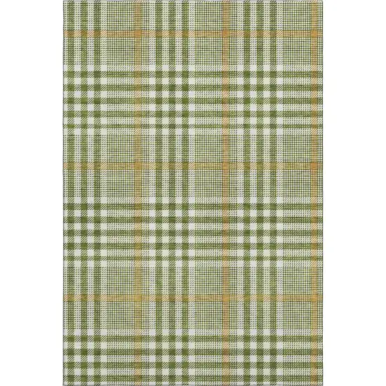 Olive Green Ivory And Gold Plaid Washable Area Rug With UV Protection Photo 1