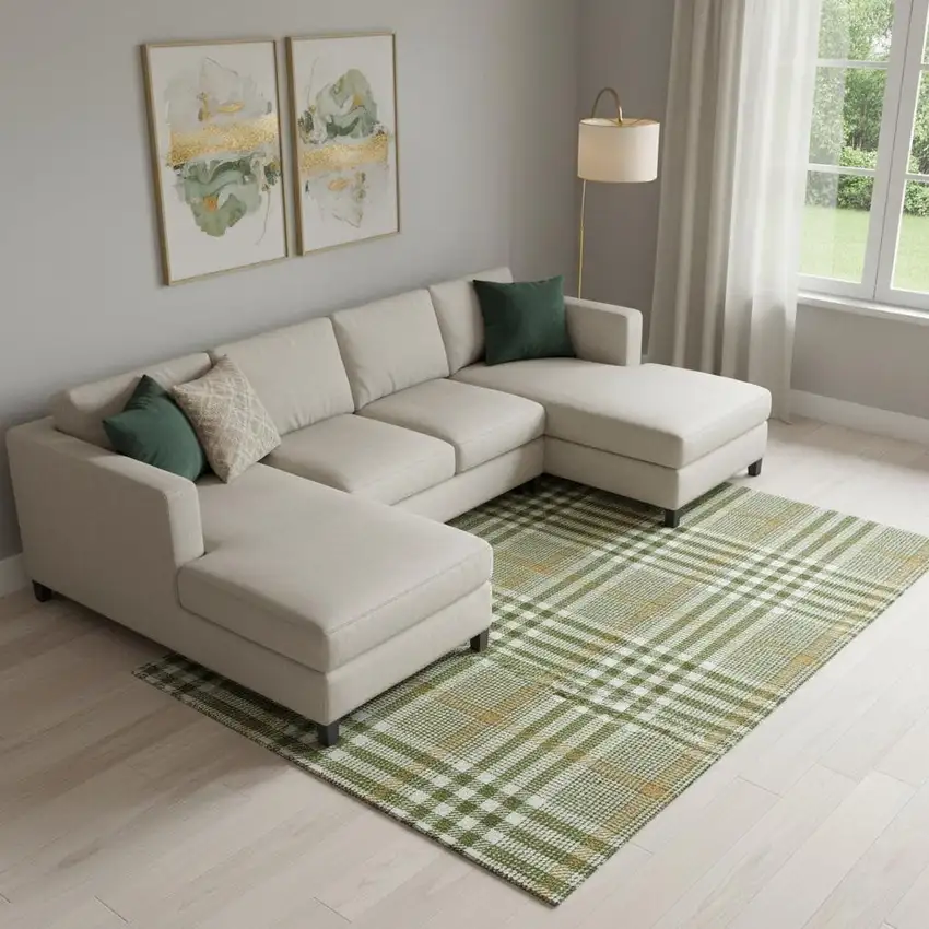 Olive Green Ivory And Gold Plaid Washable Area Rug With UV Protection Photo 2