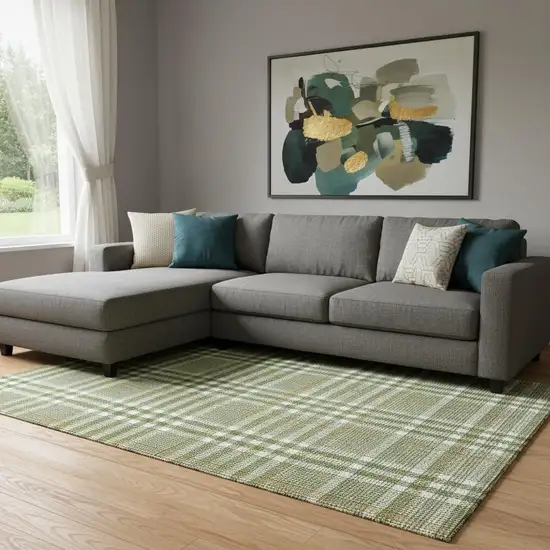 Olive Green Ivory And Gold Plaid Washable Area Rug With UV Protection Photo 2