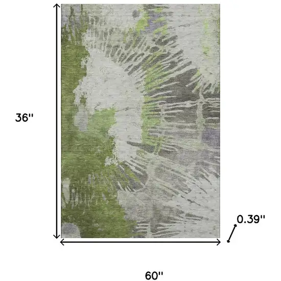 Olive Green Ivory And Gray Abstract Washable Area Rug With UV Protection Photo 3