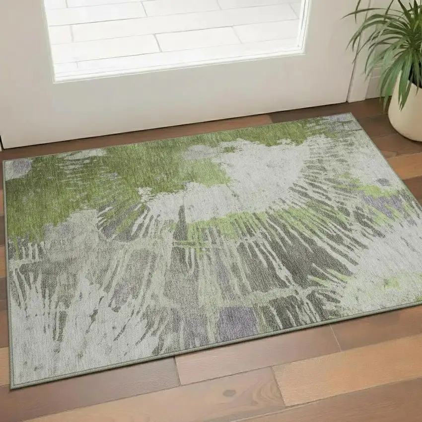 Olive Green Ivory And Gray Abstract Washable Area Rug With UV Protection Photo 1