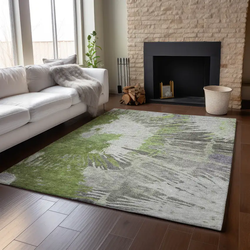 Olive Green Ivory And Gray Abstract Washable Area Rug With UV Protection Photo 3
