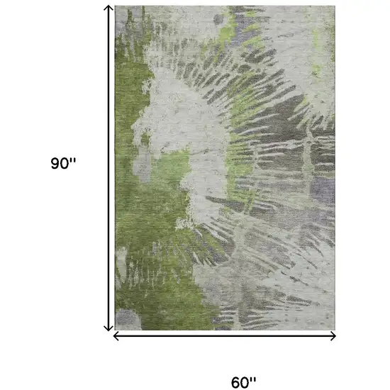 Olive Green Ivory And Gray Abstract Washable Area Rug With UV Protection Photo 3
