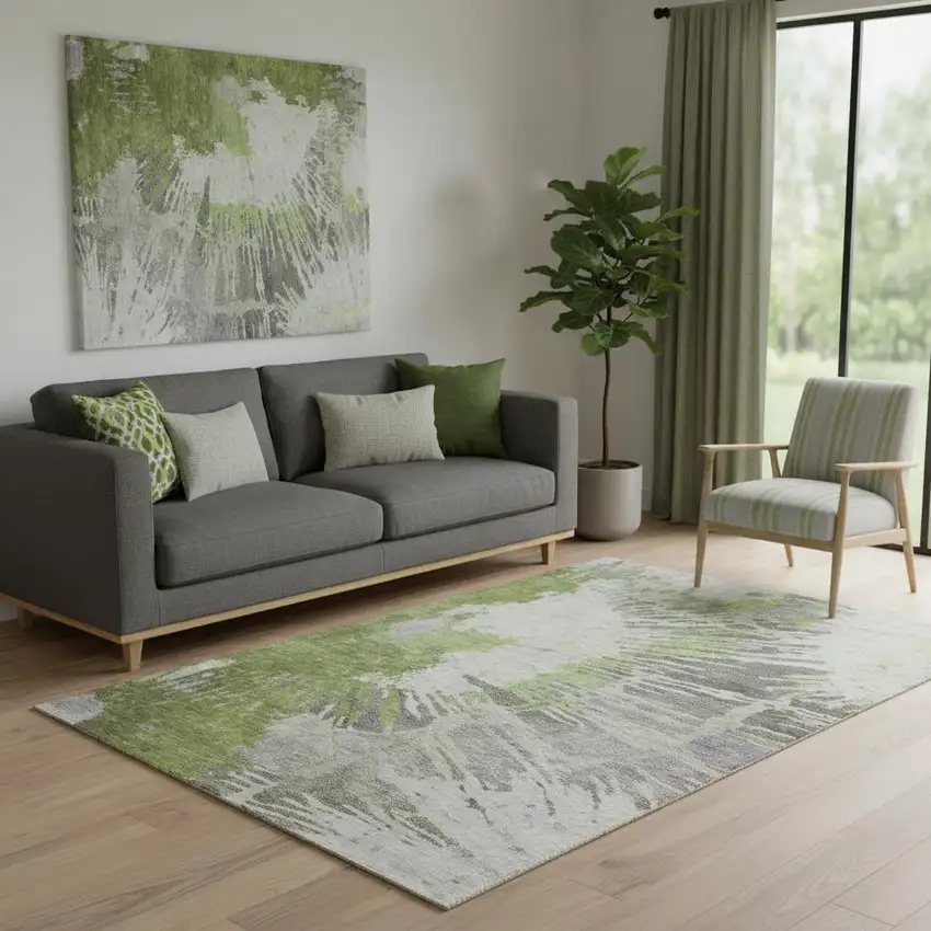 Olive Green Ivory And Gray Abstract Washable Area Rug With UV Protection Photo 1