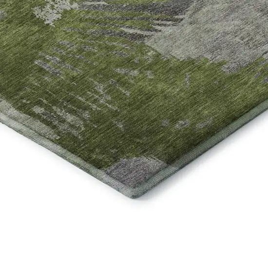Olive Green Ivory And Gray Abstract Washable Area Rug With UV Protection Photo 6
