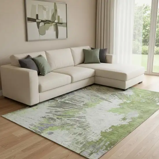 Olive Green Ivory And Gray Abstract Washable Area Rug With UV Protection Photo 1