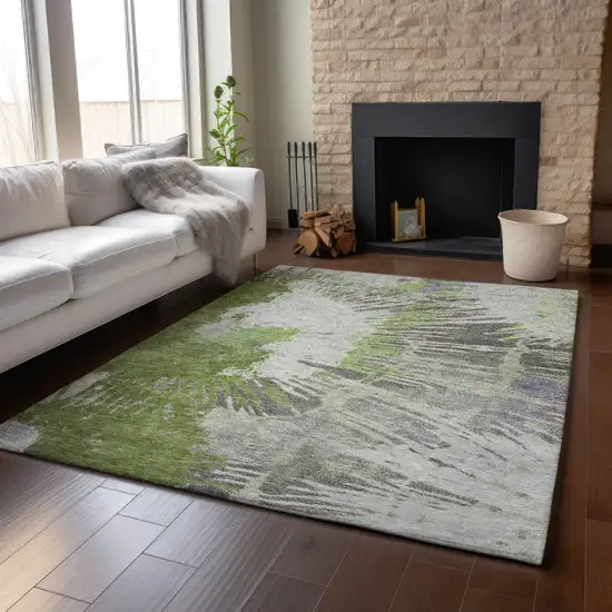 Olive Green Ivory And Gray Abstract Washable Area Rug With UV Protection Photo 3