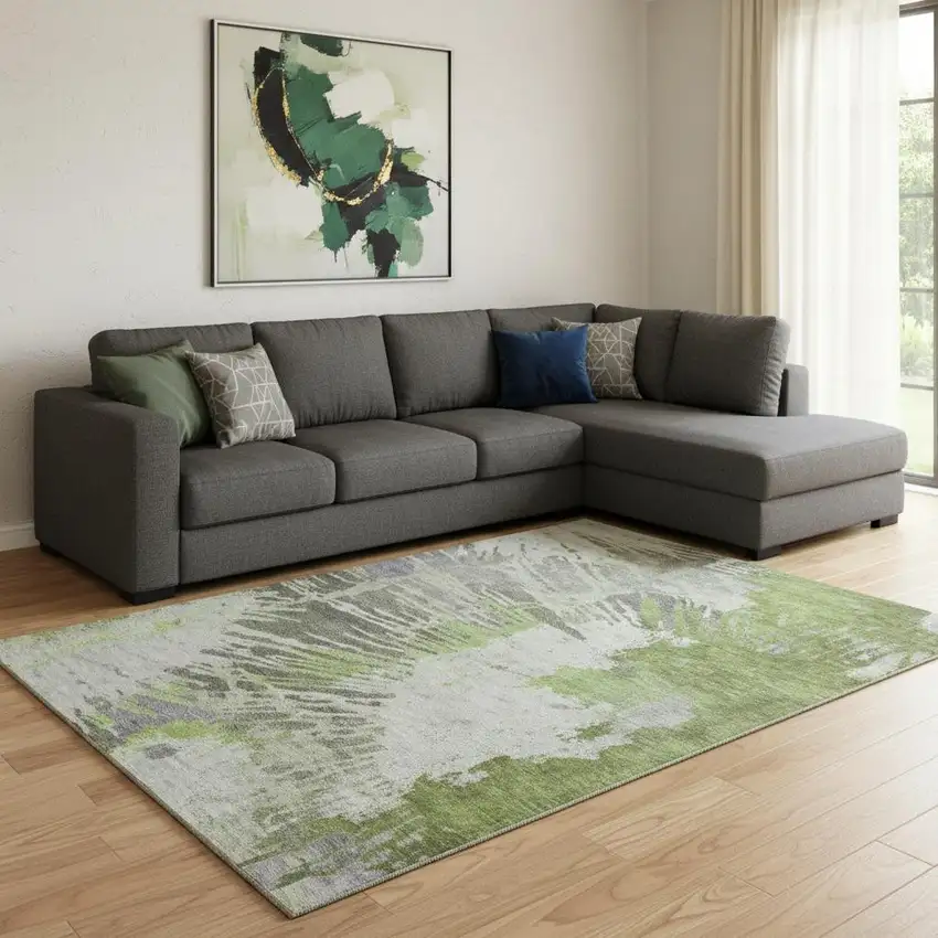 Olive Green Ivory And Gray Abstract Washable Area Rug With UV Protection Photo 1