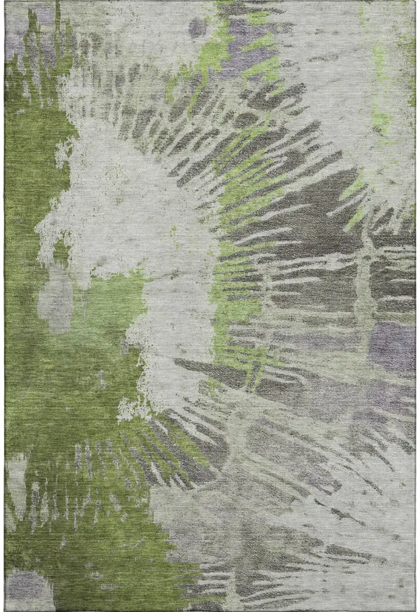 Olive Green Ivory And Gray Abstract Washable Area Rug With UV Protection Photo 4