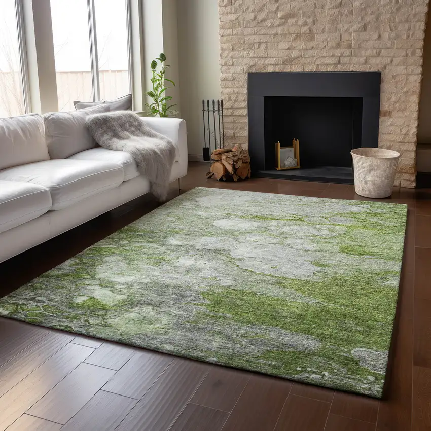 Olive Green Ivory And Gray Abstract Washable Area Rug With UV Protection Photo 5