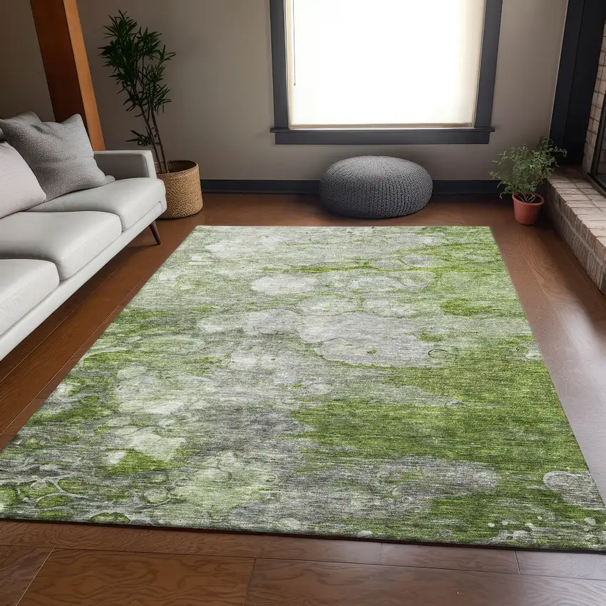 Olive Green Ivory And Gray Abstract Washable Area Rug With UV Protection Photo 4