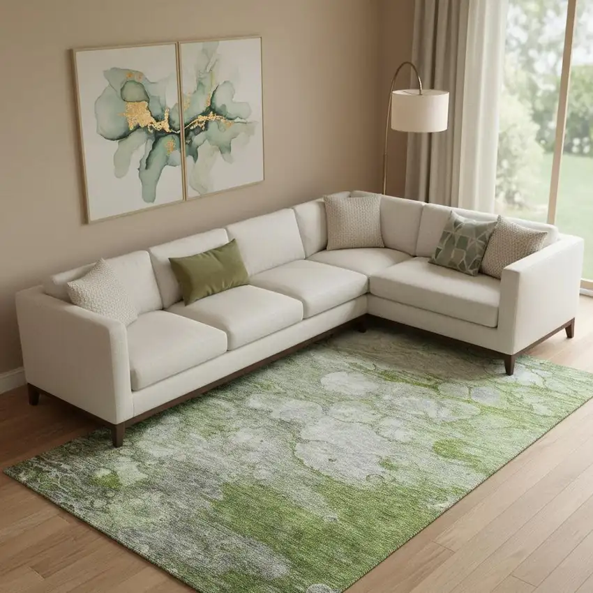 Olive Green Ivory And Gray Abstract Washable Area Rug With UV Protection Photo 1
