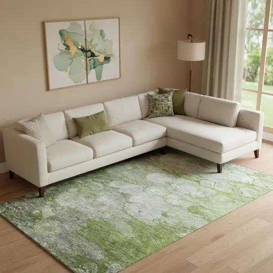 Olive Green Ivory And Gray Abstract Washable Area Rug With UV Protection Photo 1