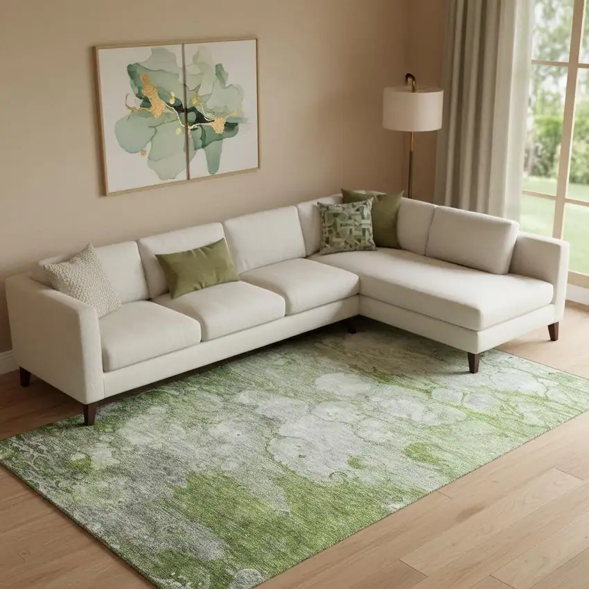 Olive Green Ivory And Gray Abstract Washable Area Rug With UV Protection Photo 1