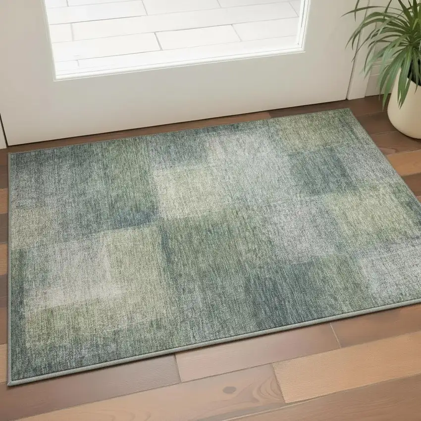 Olive Green Ivory And Gray Abstract Washable Area Rug With UV Protection Photo 2