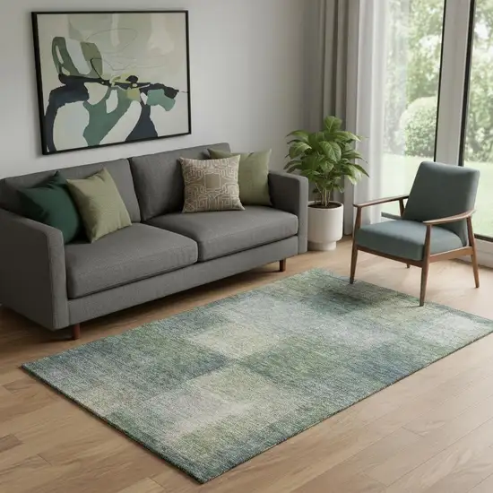 Olive Green Ivory And Gray Abstract Washable Area Rug With UV Protection Photo 1