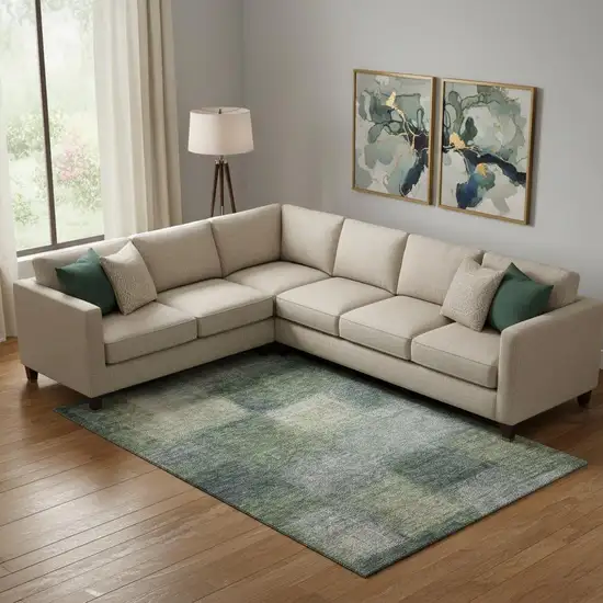 Olive Green Ivory And Gray Abstract Washable Area Rug With UV Protection Photo 1