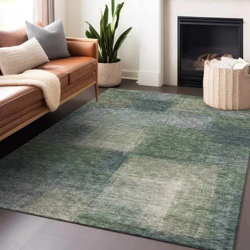 Olive Green Ivory And Gray Abstract Washable Area Rug With UV Protection Photo 5