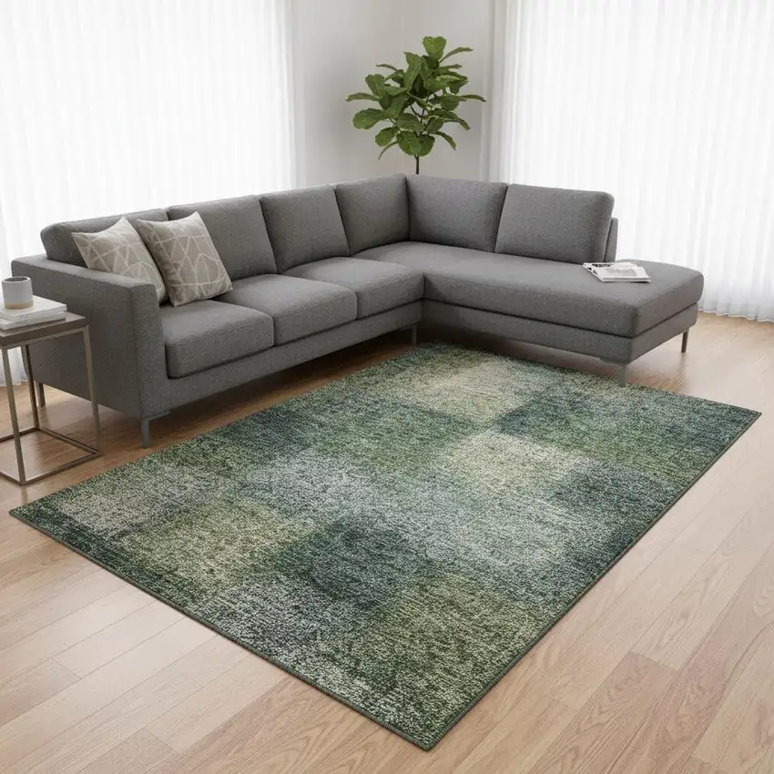 Olive Green Ivory And Gray Abstract Washable Area Rug With UV Protection Photo 2