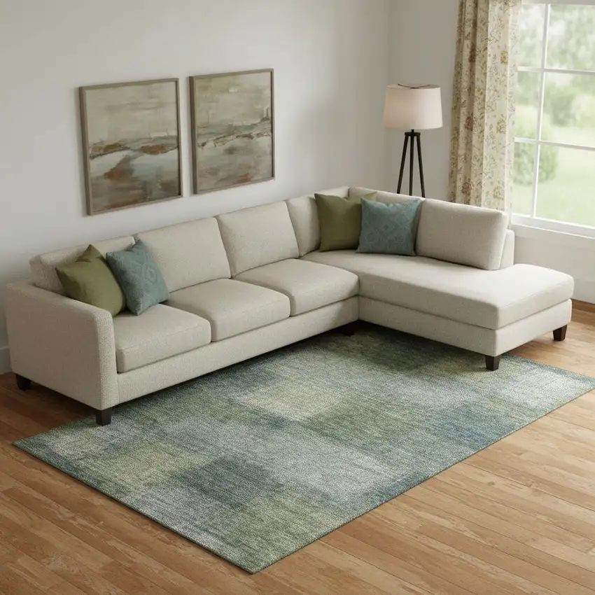 Olive Green Ivory And Gray Abstract Washable Area Rug With UV Protection Photo 1