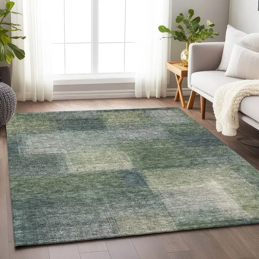 Olive Green Ivory And Gray Abstract Washable Area Rug With UV Protection Photo 5