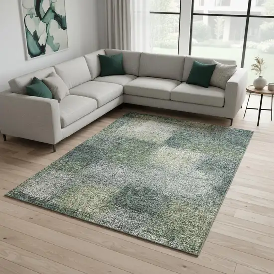 Olive Green Ivory And Gray Abstract Washable Area Rug With UV Protection Photo 2