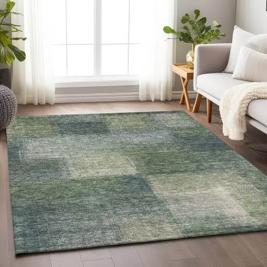 Olive Green Ivory And Gray Abstract Washable Area Rug With UV Protection Photo 5
