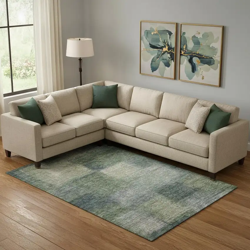 Olive Green Ivory And Gray Abstract Washable Area Rug With UV Protection Photo 1