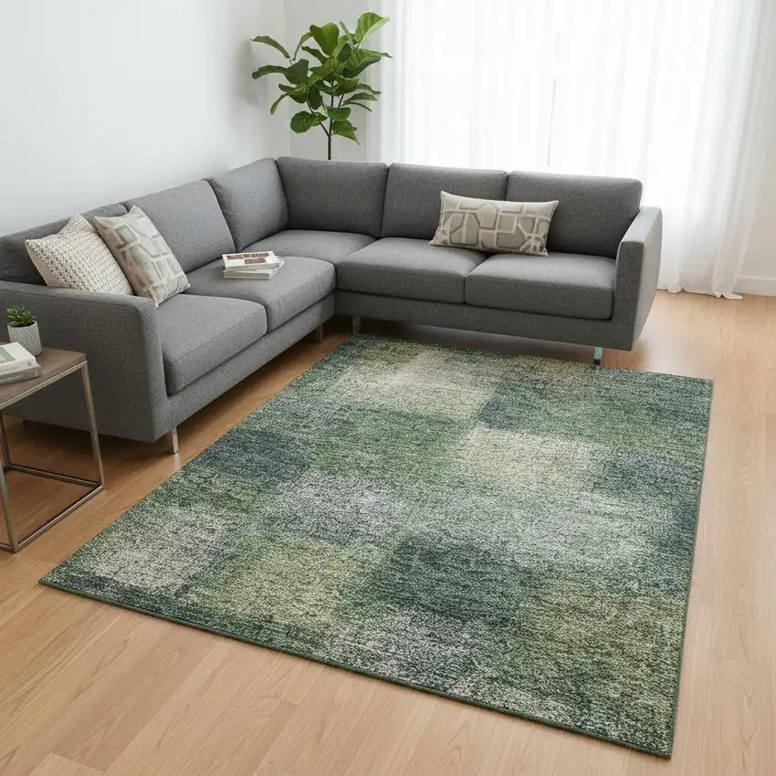 Olive Green Ivory And Gray Abstract Washable Area Rug With UV Protection Photo 2
