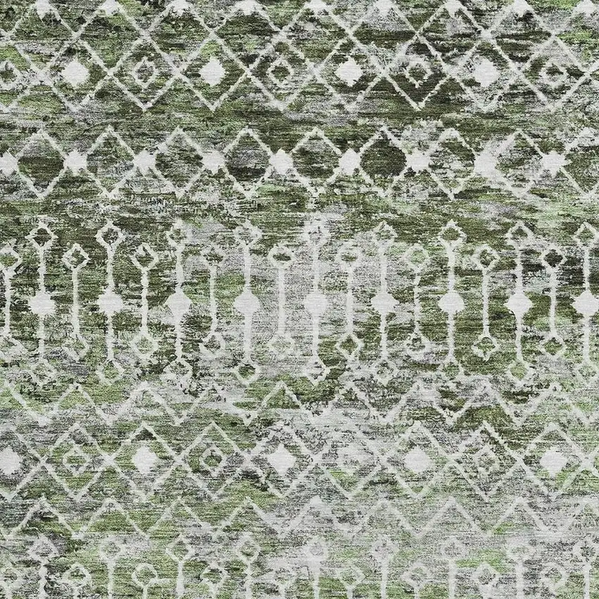 Olive Green Ivory And Gray Geometric Washable Area Rug With UV Protection Photo 2