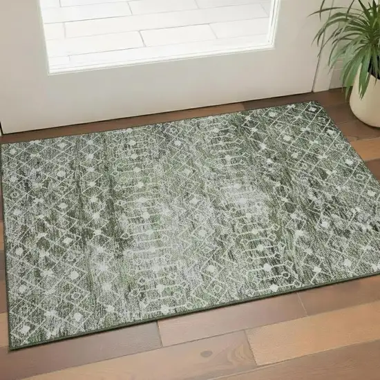 Olive Green Ivory And Gray Geometric Washable Area Rug With UV Protection Photo 2
