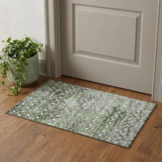 Olive Green Ivory And Gray Geometric Washable Area Rug With UV Protection Photo 1
