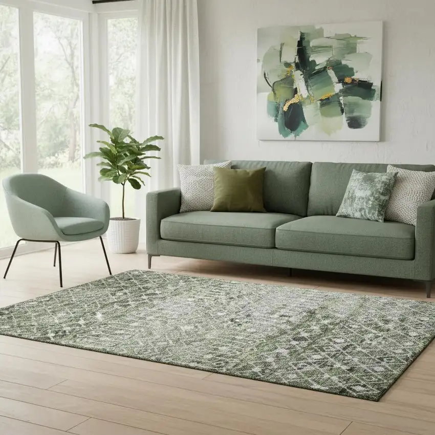 Olive Green Ivory And Gray Geometric Washable Area Rug With UV Protection Photo 2