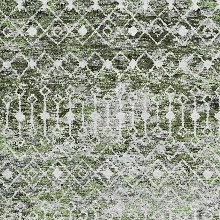 Olive Green Ivory And Gray Geometric Washable Area Rug With UV Protection Photo 2