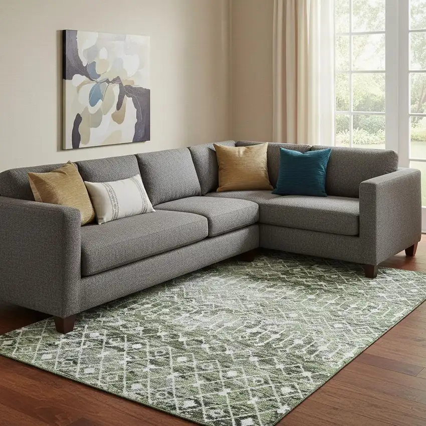 Olive Green Ivory And Gray Geometric Washable Area Rug With UV Protection Photo 2