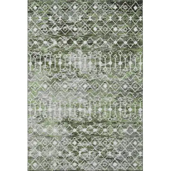 Olive Green Ivory And Gray Geometric Washable Area Rug With UV Protection Photo 3