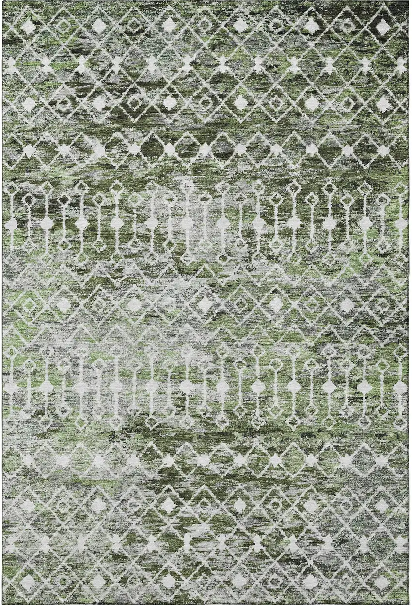 Olive Green Ivory And Gray Geometric Washable Area Rug With UV Protection Photo 3