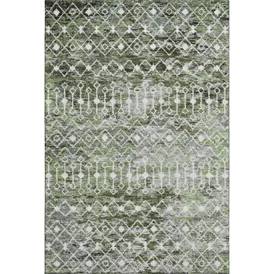 Olive Green Ivory And Gray Geometric Washable Area Rug With UV Protection Photo 1