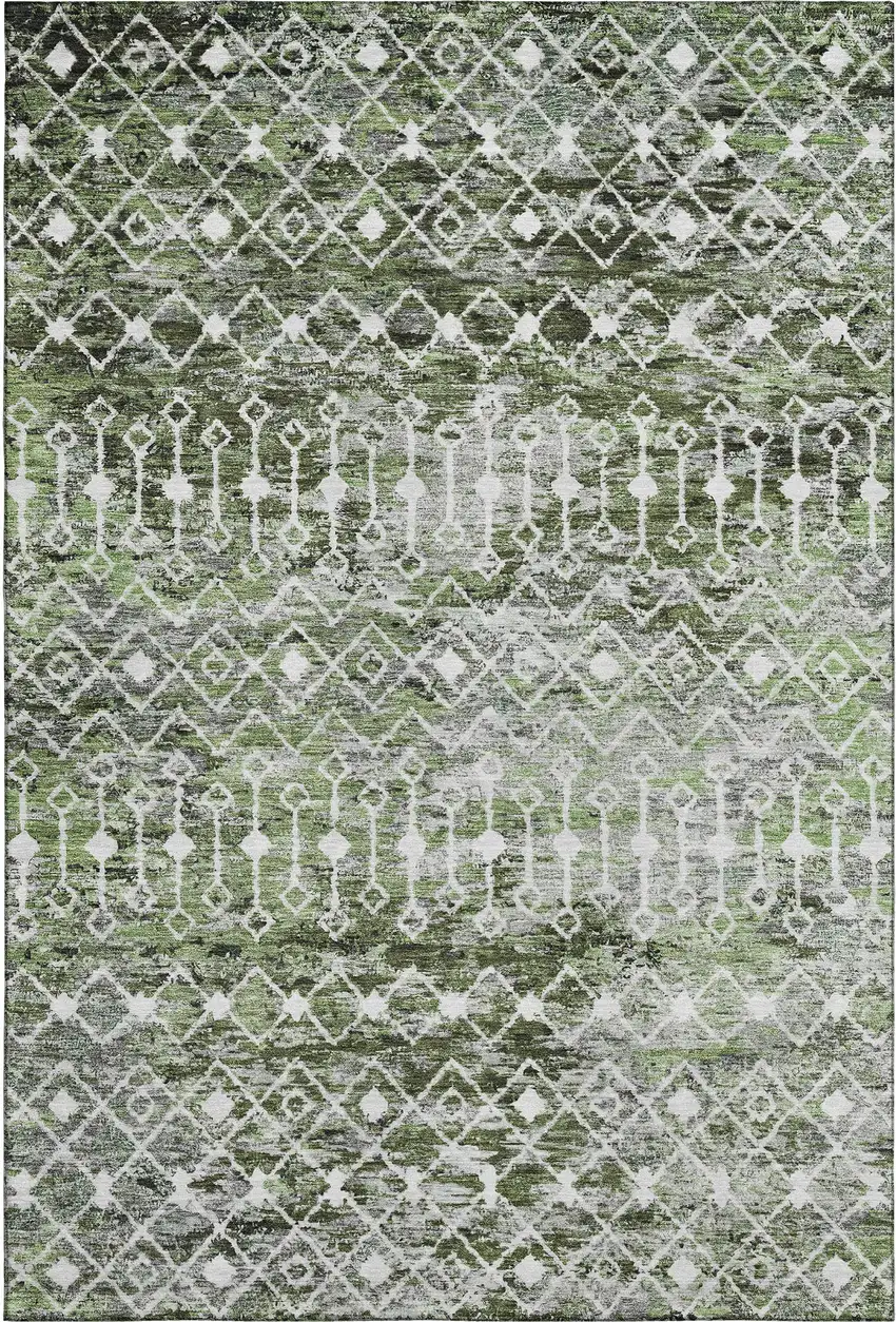 Olive Green Ivory And Gray Geometric Washable Area Rug With UV Protection Photo 1