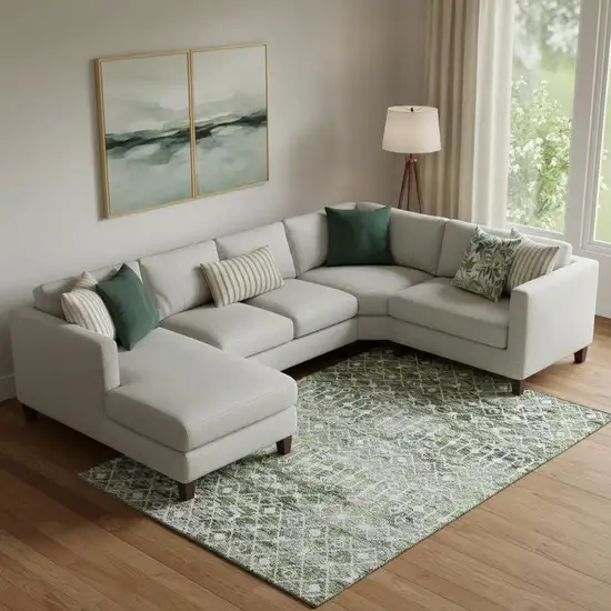 Olive Green Ivory And Gray Geometric Washable Area Rug With UV Protection Photo 2