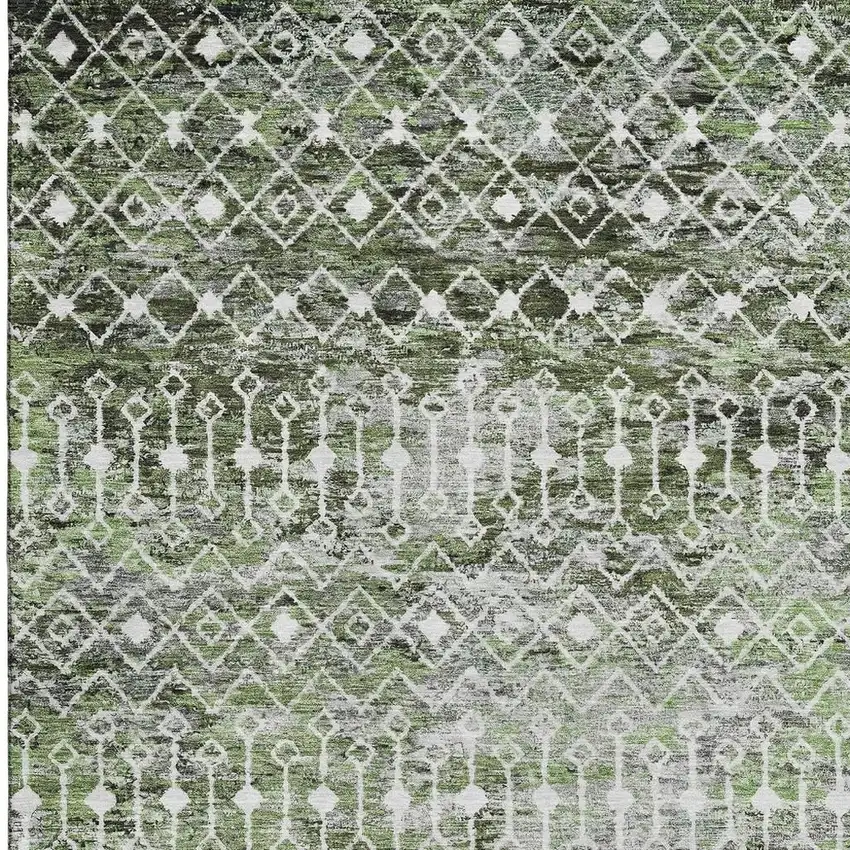 Olive Green Ivory And Gray Geometric Washable Area Rug With UV Protection Photo 3