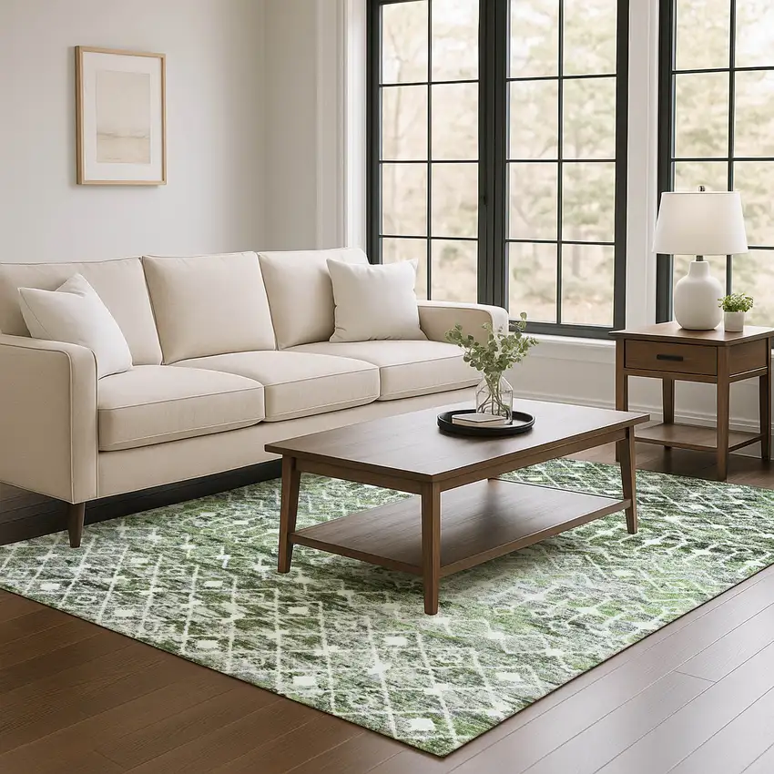 Olive Green Ivory And Gray Geometric Washable Area Rug With UV Protection Photo 4