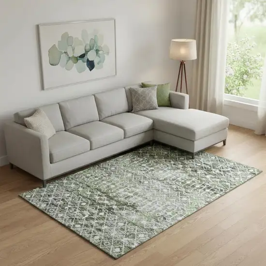 Olive Green Ivory And Gray Geometric Washable Area Rug With UV Protection Photo 2