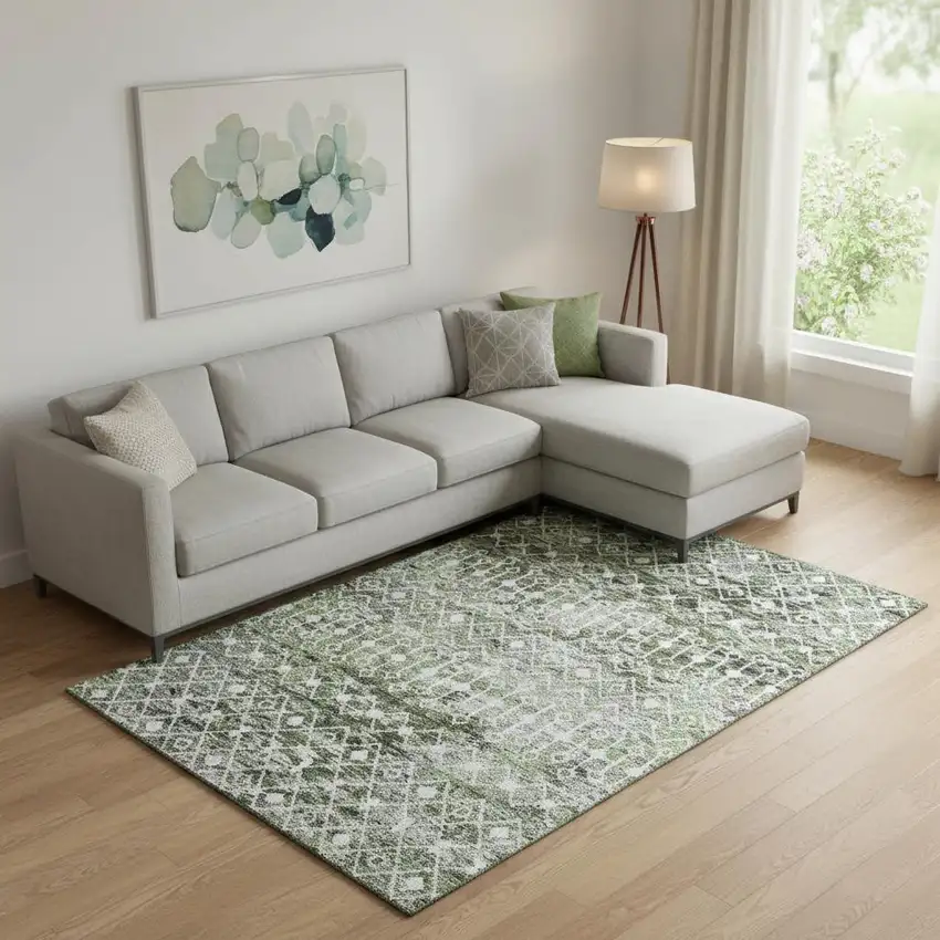 Olive Green Ivory And Gray Geometric Washable Area Rug With UV Protection Photo 2