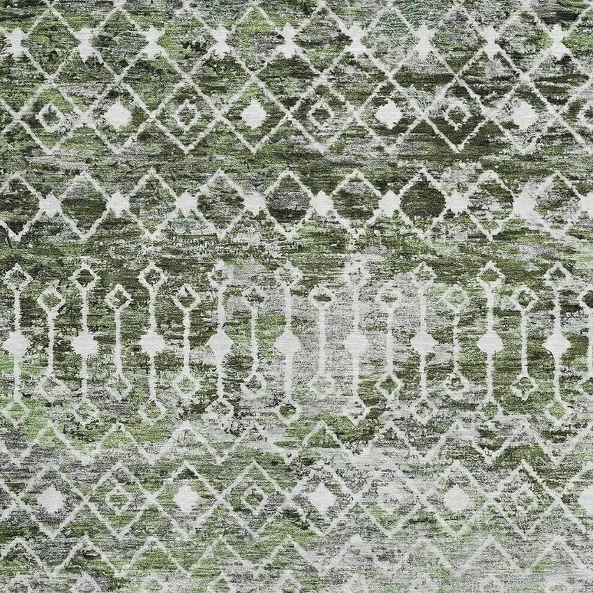 Olive Green Ivory And Gray Geometric Washable Area Rug With UV Protection Photo 2