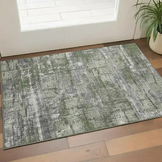 Olive Green Ivory And Gray Geometric Washable Area Rug With UV Protection Photo 2