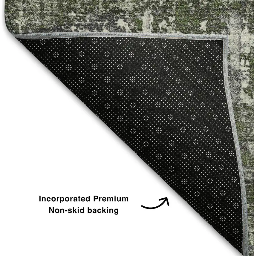 Olive Green Ivory And Gray Geometric Washable Area Rug With UV Protection Photo 7