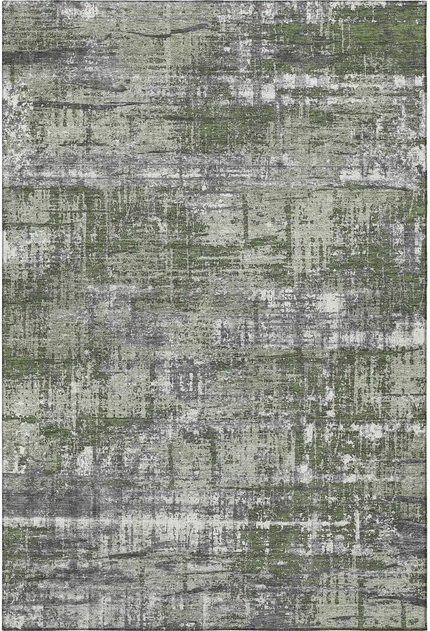 Olive Green Ivory And Gray Geometric Washable Area Rug With UV Protection Photo 4