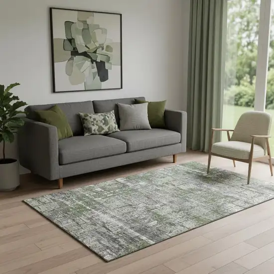 Olive Green Ivory And Gray Geometric Washable Area Rug With UV Protection Photo 2