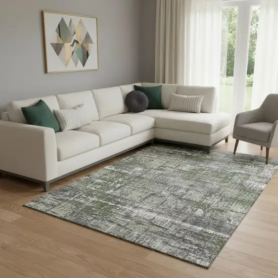 Olive Green Ivory And Gray Geometric Washable Area Rug With UV Protection Photo 2